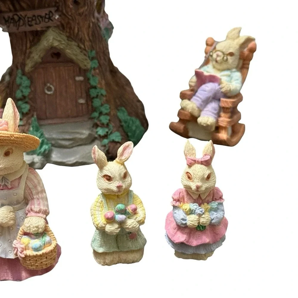 Vintage Easter Village Set 7Pc Bunny & Lighted Tree House Light Works